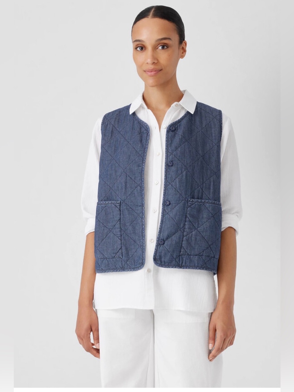 Eileen Fisher Organic Cotton Quilted Vest Denim Blue Indigo Size Large